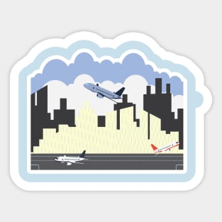 Airport building and airplanes on runway. Travel and tourism illustration design. Airport building and airplanes on runway. Sticker